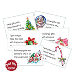 Christmas gift exchange game cards. Cards have images of Christmas trees, snow globes, gifts, gnomes, candy canes, bells ornaments. Sample card: Trade gifts with someone whose name has the letter J, O, or Y.