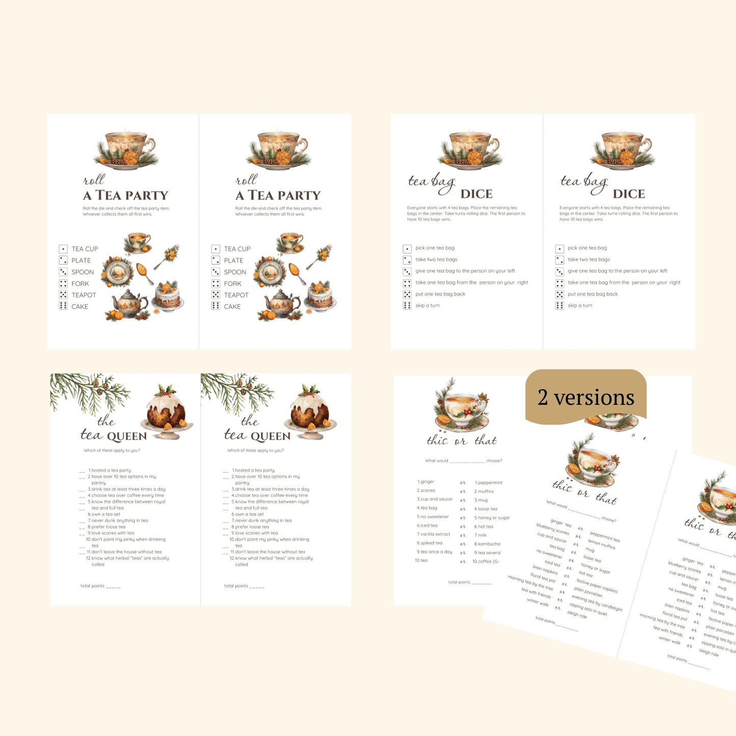 Christmas tea party games with a design featuring fancy tea cups, orange slices, and evergreen twigs. Two games per page. Roll a tea party, this or that, tea bag dice, the tea queen