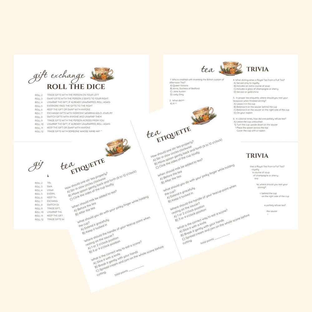 
                  
                     Christmas tea party games with a design featuring fancy tea cups, orange slices, and evergreen twigs. Two games per page. Gift exchange, tea etiquette, tea trivia
                  
                