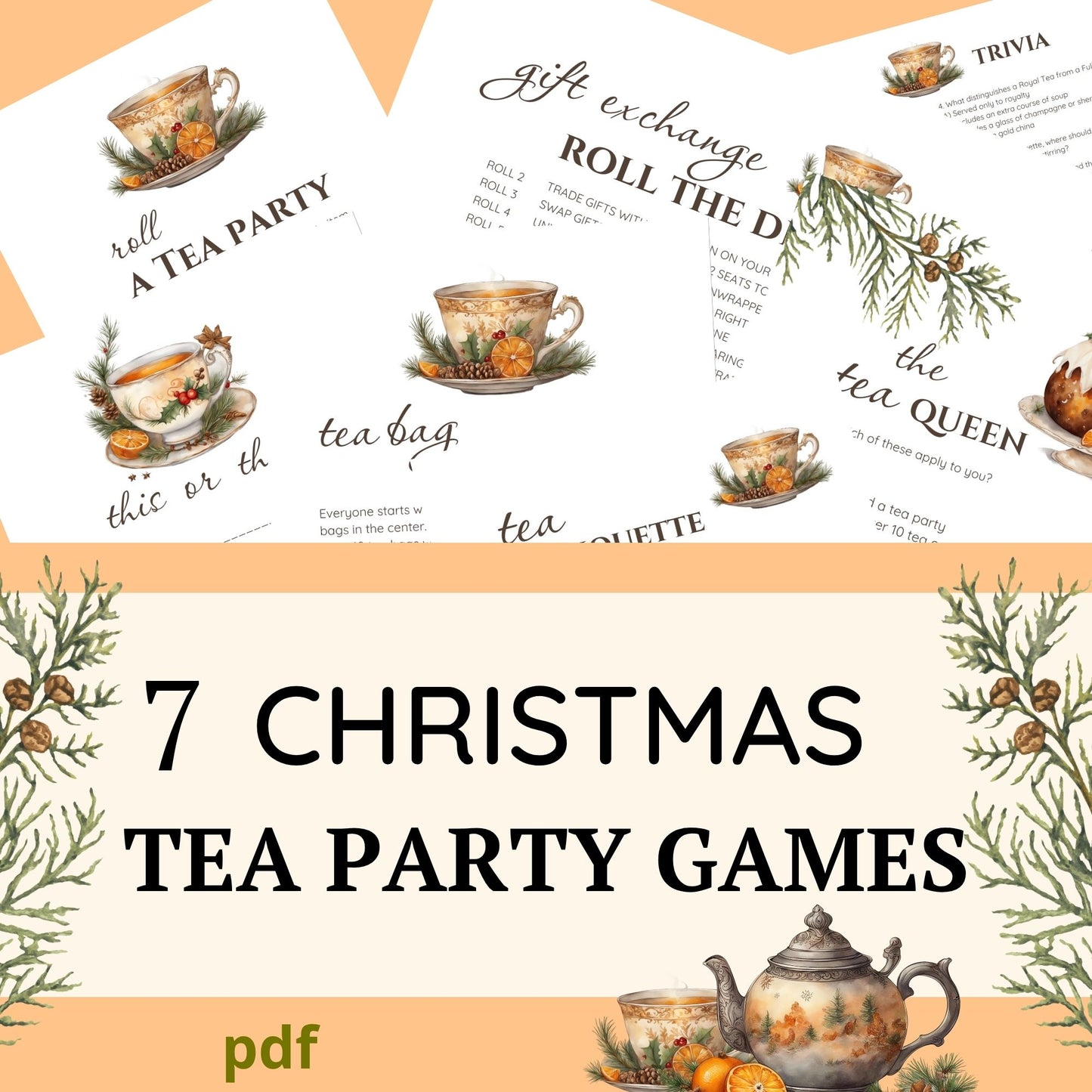Collection of 7 Christmas tea party games with teacups and festive elements on a white background.. Roll a tea party, this or that, tea bag dice, gift exchange, the tea queen, tea etiquette, tea trivia.