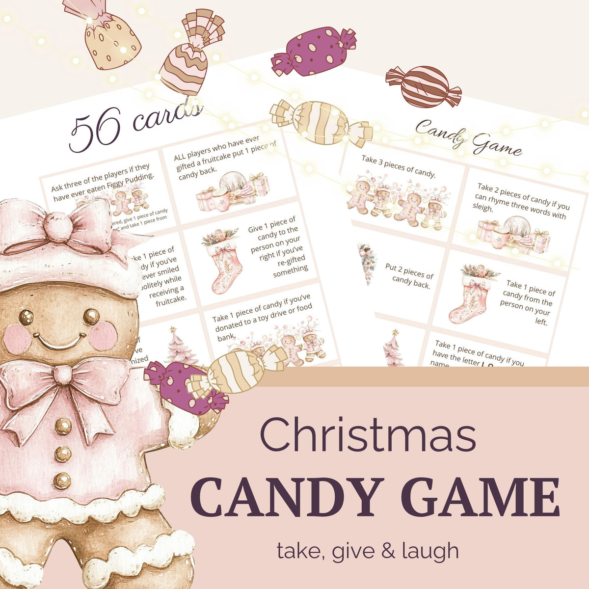 Christmas Candy Game with blush Christmas illustrations. 56 cards.