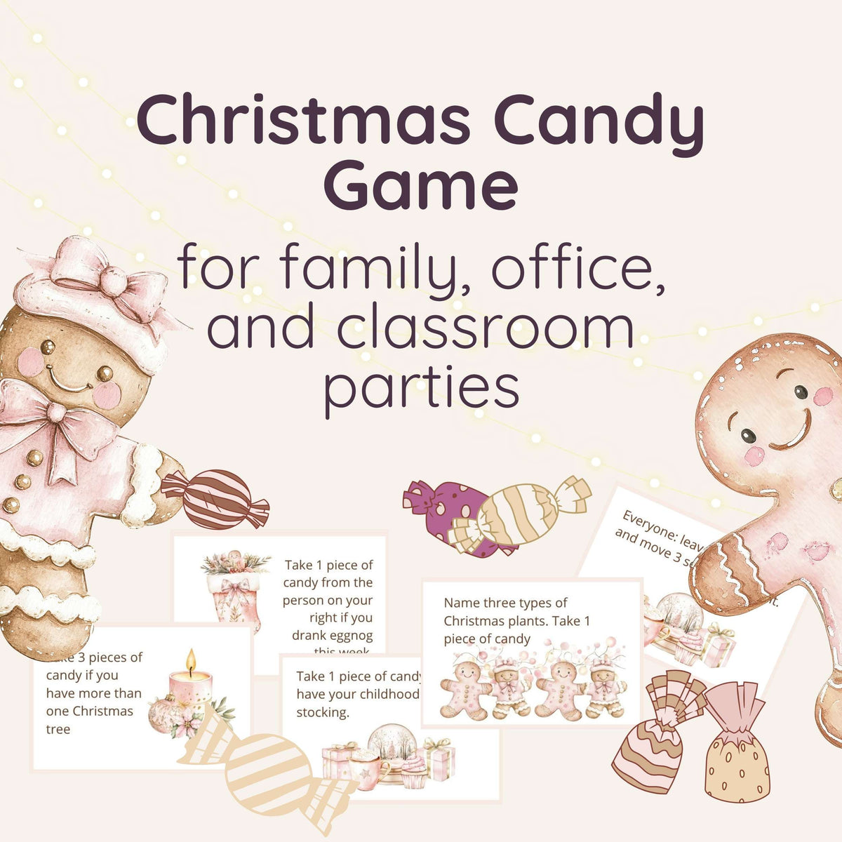Christmas Candy Game for groups: family, office, classroom. Festive blush illustrations.