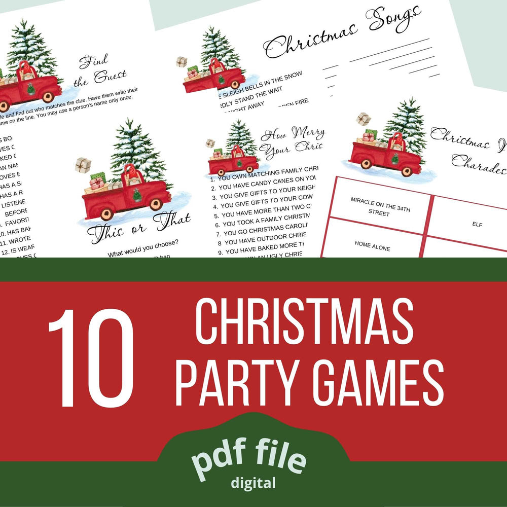 10 Christmas party games with a gnome in a red Christmas truck filled with presents. Christmas songs, find the guest, Christmas movie charades, this or that.