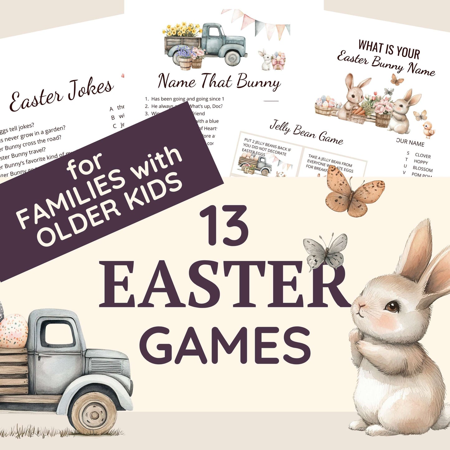 13 Easter Games for families with older kids: Easter Jokes, Name That Bunny, Jelly Bean Game, What's Your Easter Bunny Name.