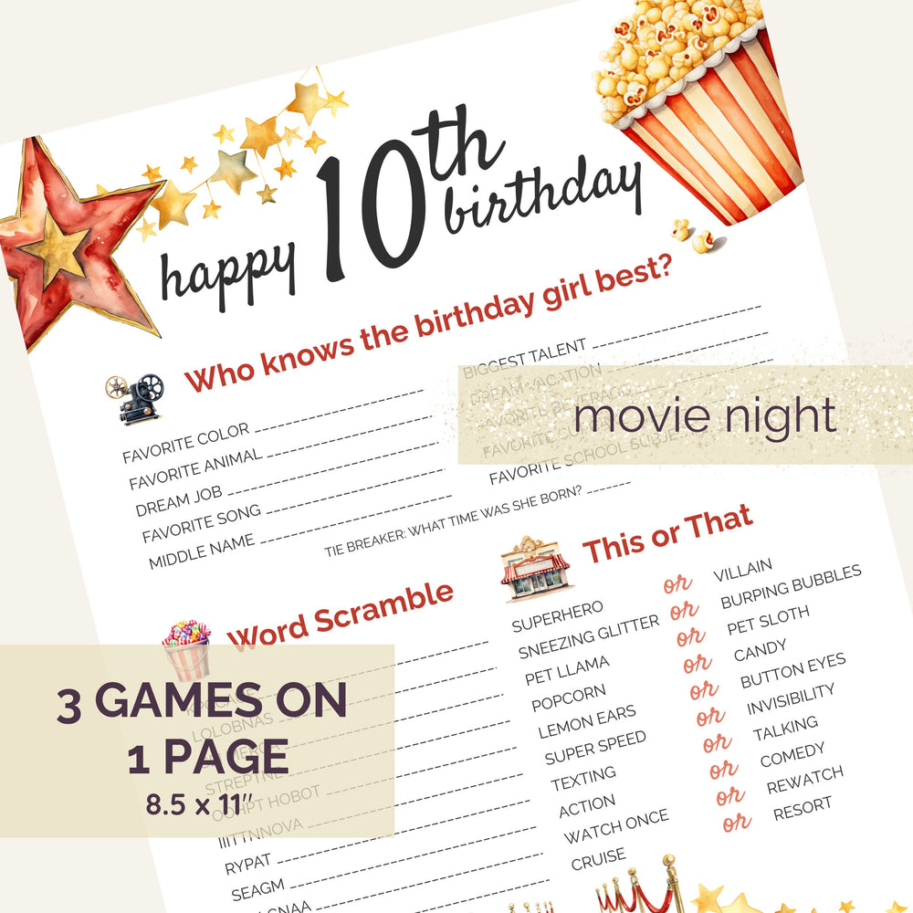 Movie Night 10th Birthday Games (three games on one page)