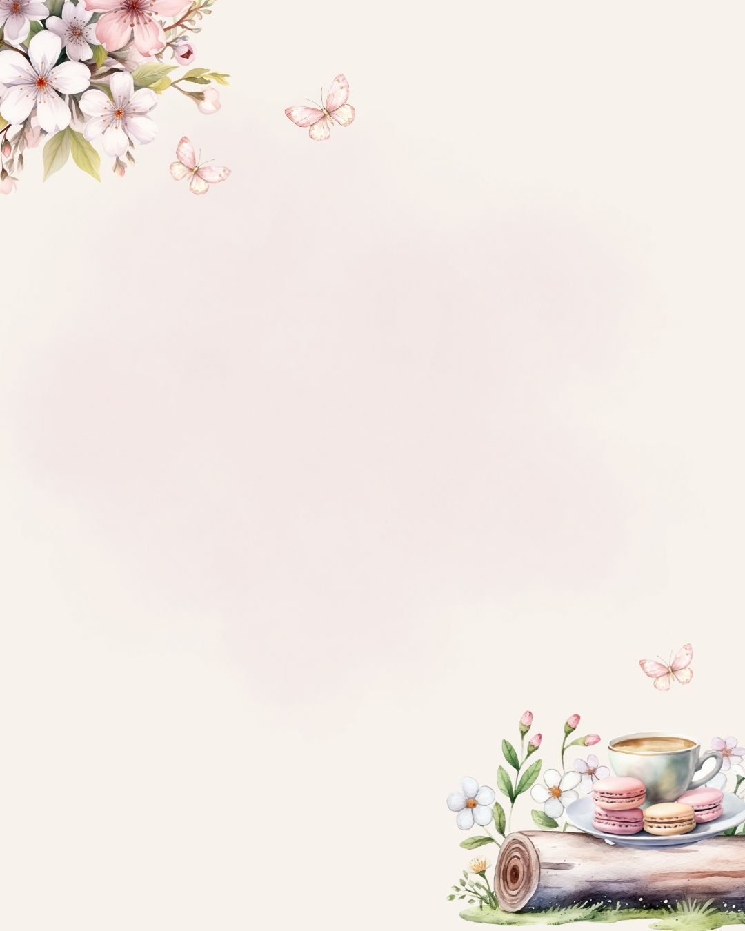 A decorative watercolor-style background with pink and white flowers in the top-left corner, small butterflies, and a cup of tea with macarons on a log at the bottom-right, leaving open space in the center.