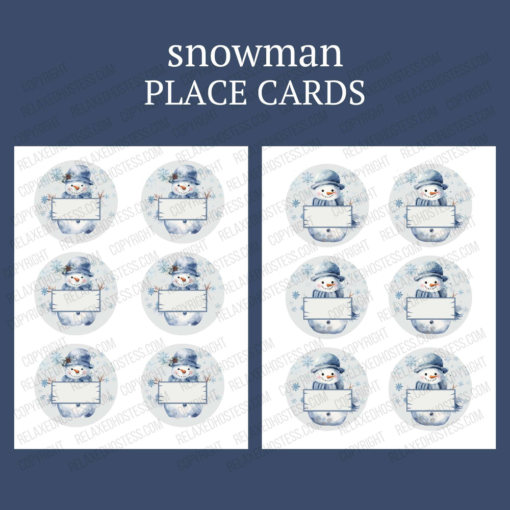 
                  
                    Snowman place cards, two designs. One snowman with a flower in the hat and the other without. Both hold a sign you can write the guest's name after printing the place cards.
                  
                