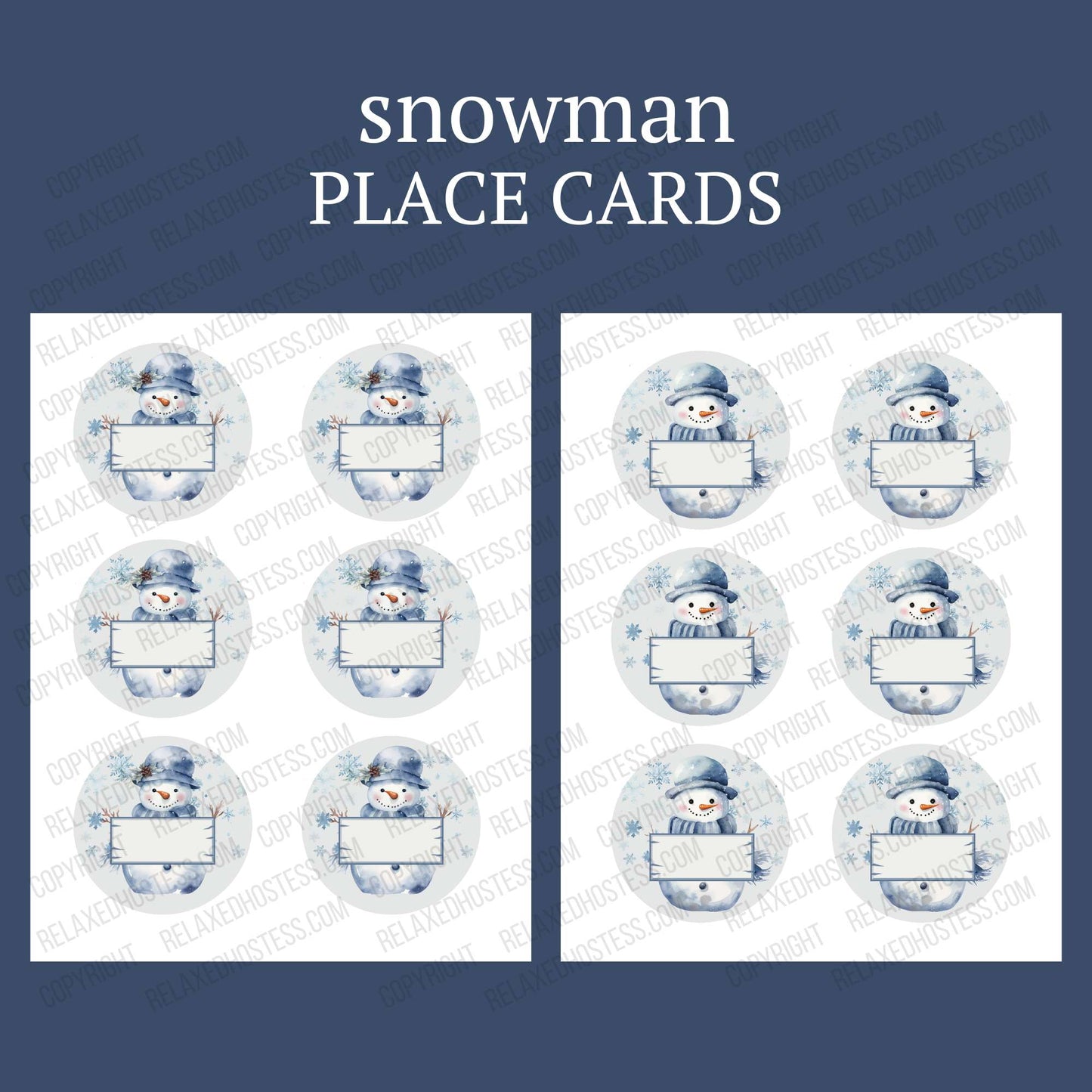 
                  
                    Snowman place cards, two designs. One snowman with a flower in the hat and the other without. Both hold a sign you can write the guest's name after printing the place cards.
                  
                