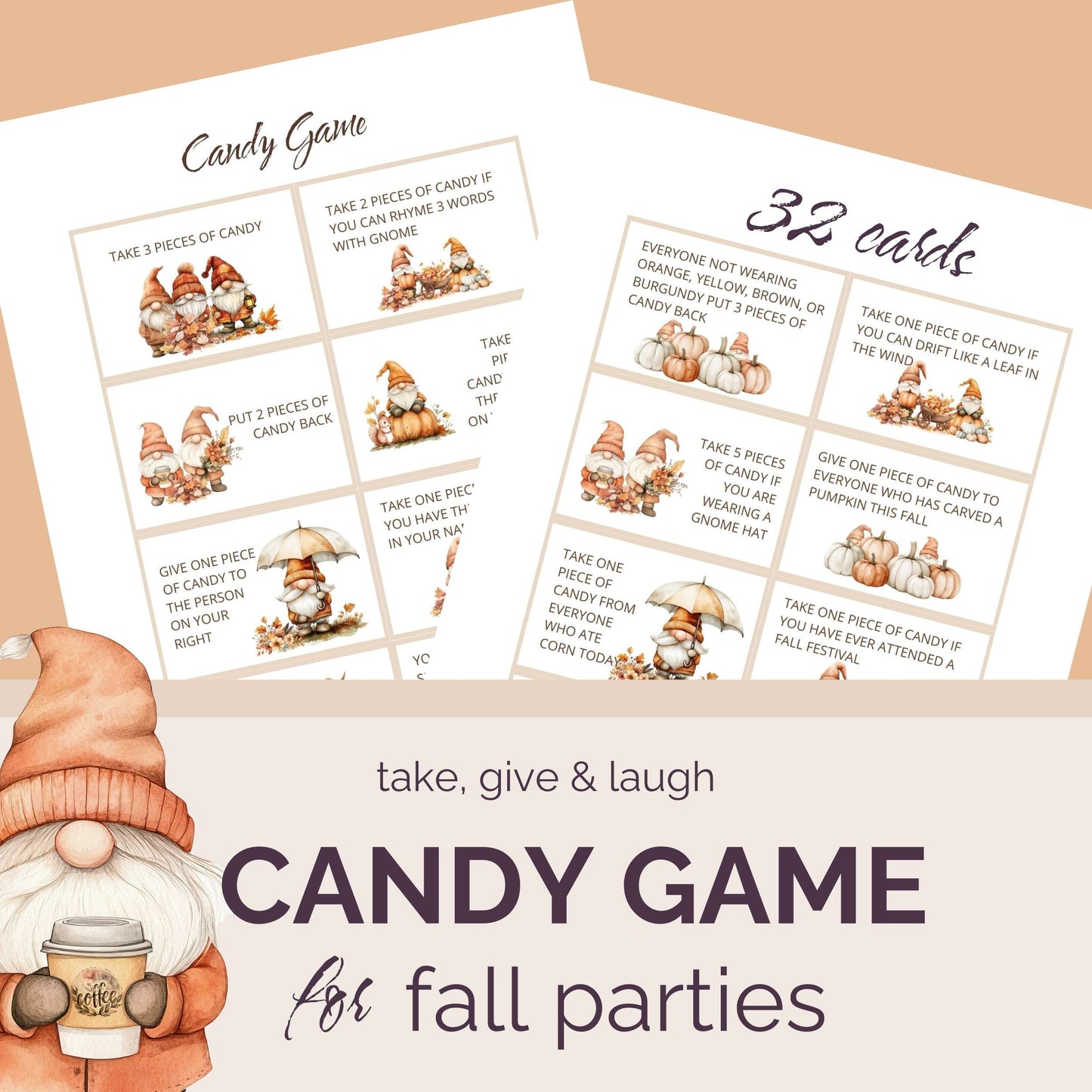 Candy game cards for fall parties with gnomes and pumpkins. 32 prompts.