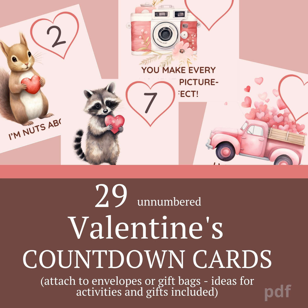 29 unnumbered Valentine's countdown cards for kids