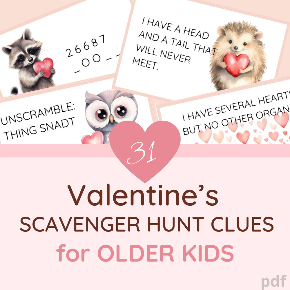 Valentine's Scavenger Hunt Clues for older kids featuring adroable woodland animals.