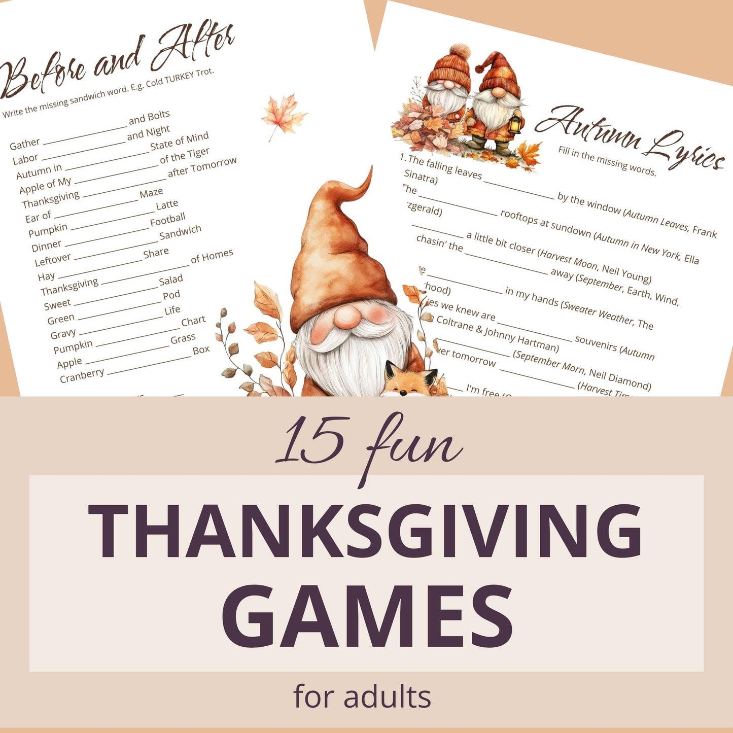 Thanksgiving-themed games with gnomes and autumn elements on a white background. Fun for adults.