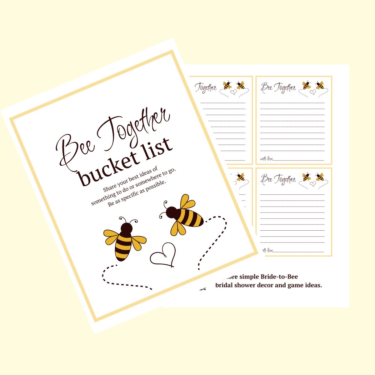 Bee Together bucket list sign and cards for writing ideas. A cute printable activity for a bride-to-bee bridal shower.