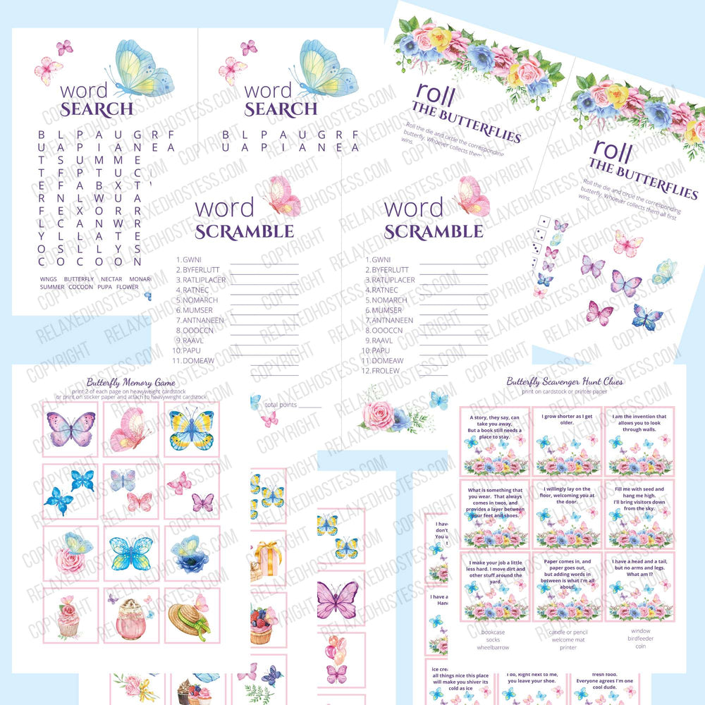 
                  
                    butterfly birthday party games for 8 year olds. Word search, word scramble, roll the butterflies, scavenger hunt clues, butterfly memory game
                  
                
