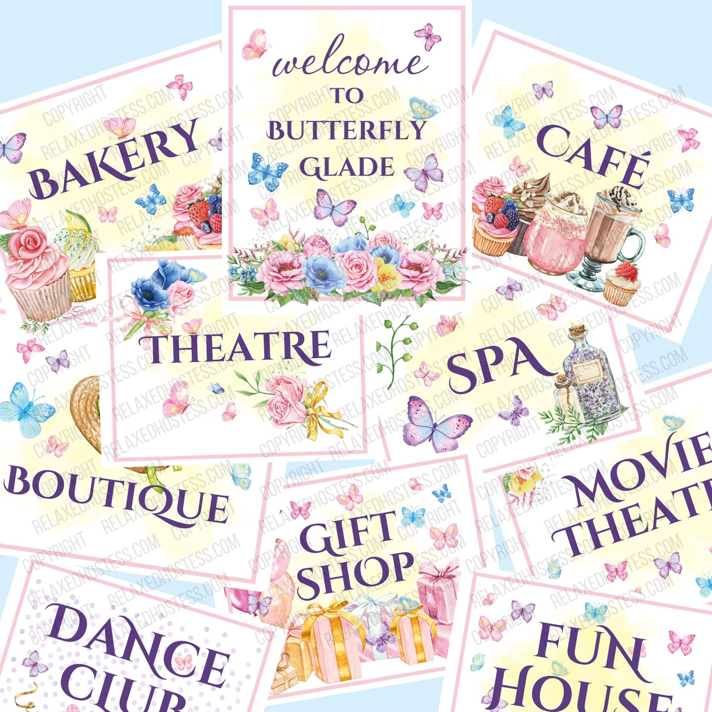 
                  
                    Butterfly birthday party printables: beautiful signs adroned with flowers, butterflies, and themed-images: bakery, café, welcome to butterfly glade, gift shop, dance club, fun house, boutique, movie theatre, spa, theatre
                  
                