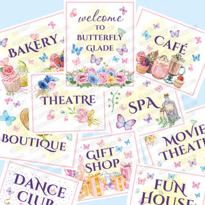 
                  
                    Butterfly birthday party printables: beautiful signs adroned with flowers, butterflies, and themed-images: bakery, café, welcome to butterfly glade, gift shop, dance club, fun house, boutique, movie theatre, spa, theatre
                  
                