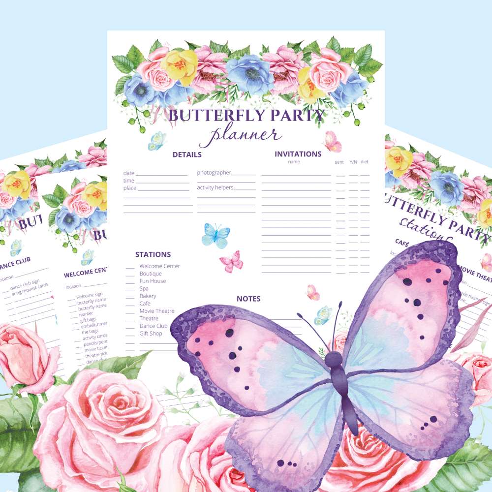 
                  
                    Butterfly printable party planner. Adorned with gorgeous pink, blue, and yellow flower, and butterflies.
                  
                