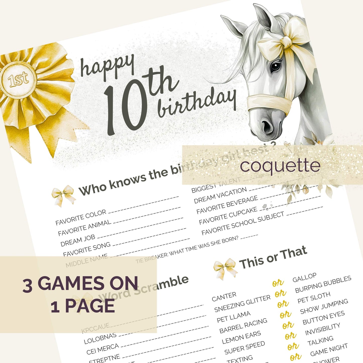 Birthday party game sheet with horse illustration and birthday details. Three games on one page: who knows the birthday girl best, word scramble, this or that