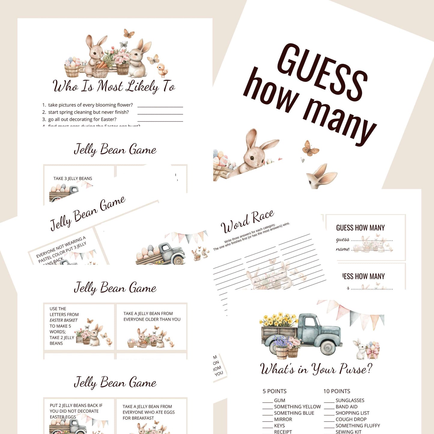 Easter Games with adorable boho bunny designs. Who is most likely to, jelly bean game guess how many, word race, what's in your purse