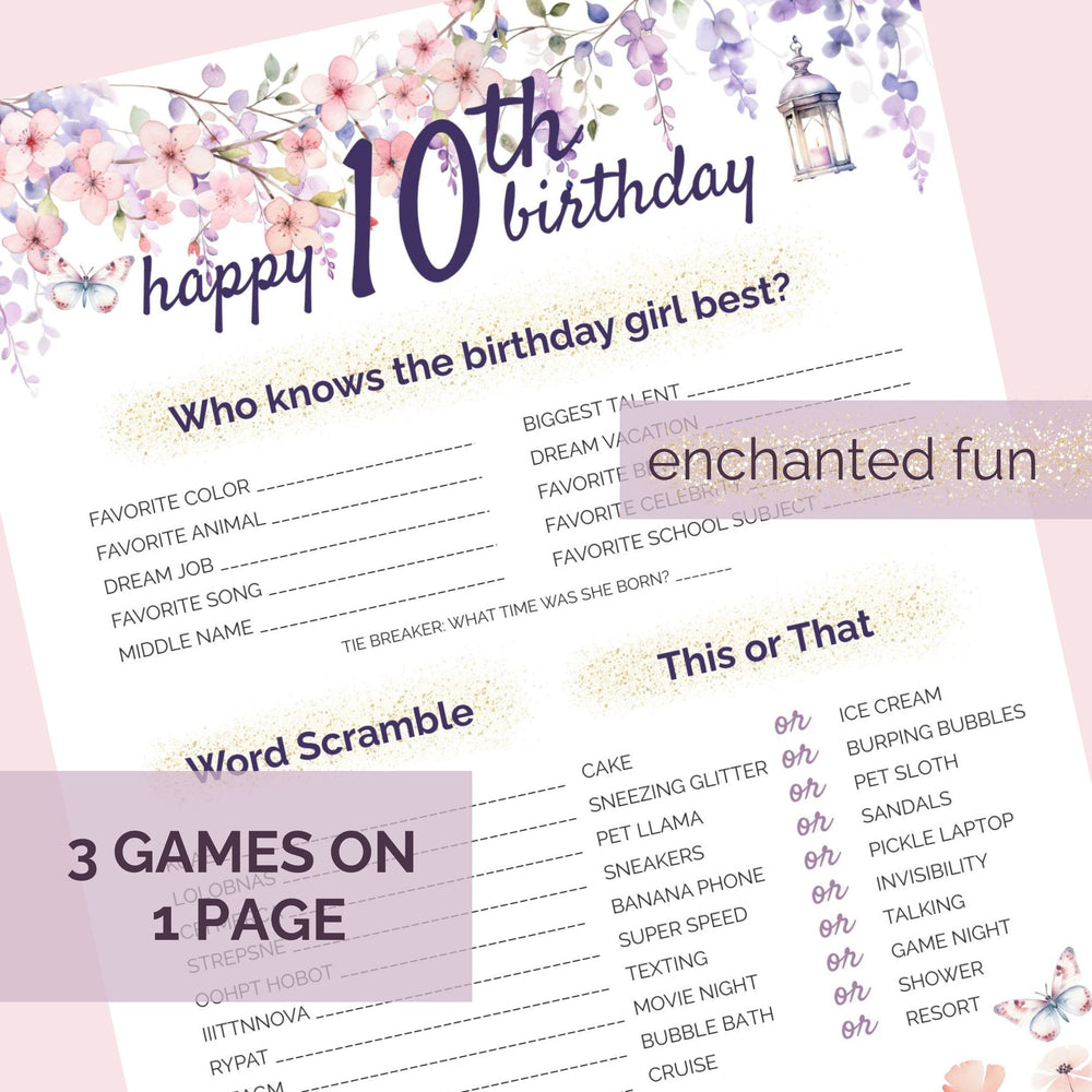 Enchanted 10th Birthday Games (three games on one page)