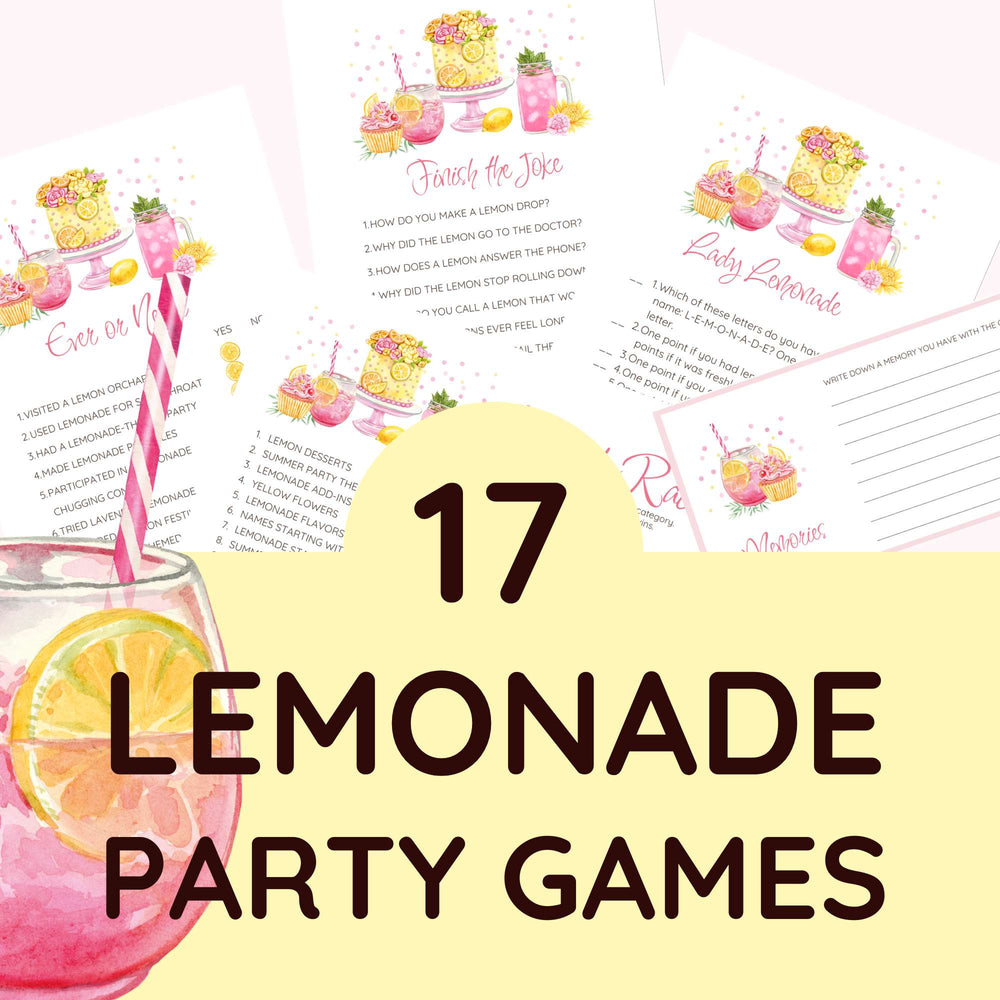 17 Lemonade Party Games with cheerful pink lemonade and yellow cake on a pink pedestal designs.