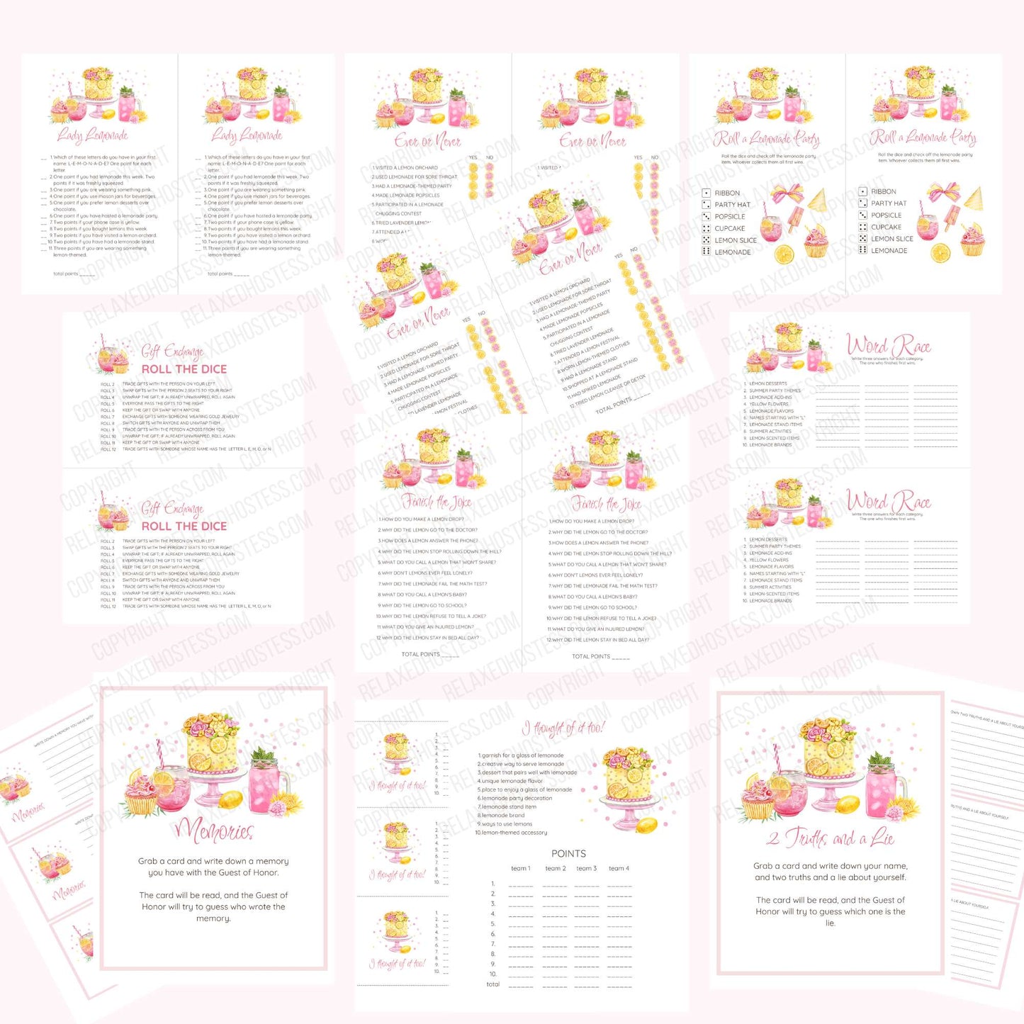 Printable Lemenade-themed party games e.g. lady lemande, ever or nver, roll a lemonade party, word race, finish the joke