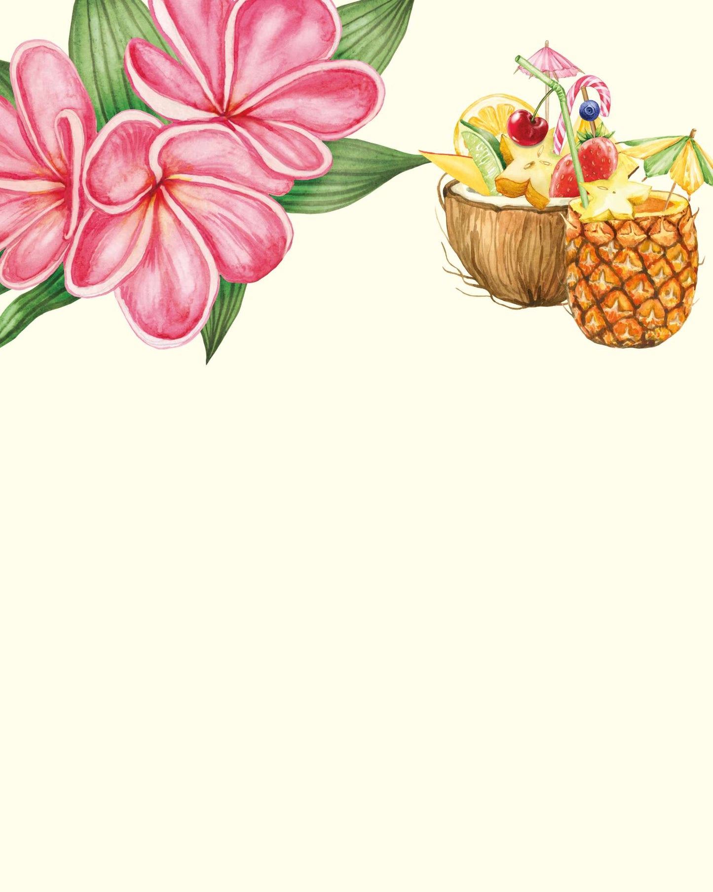 tropical flowers and beverages background