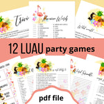 12 printable luau party games: trivia, hawaiian words, this or that, charades, finish my phrase, word scramble, selfie scavenger hunt