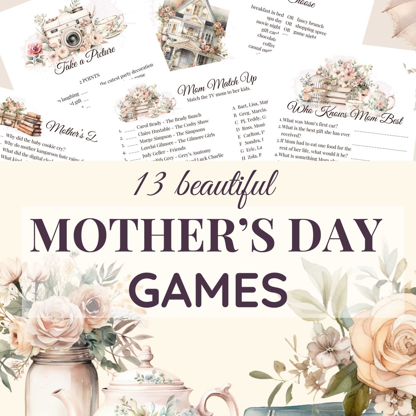 13 beautiful Mother's Day games with shabby chic design.