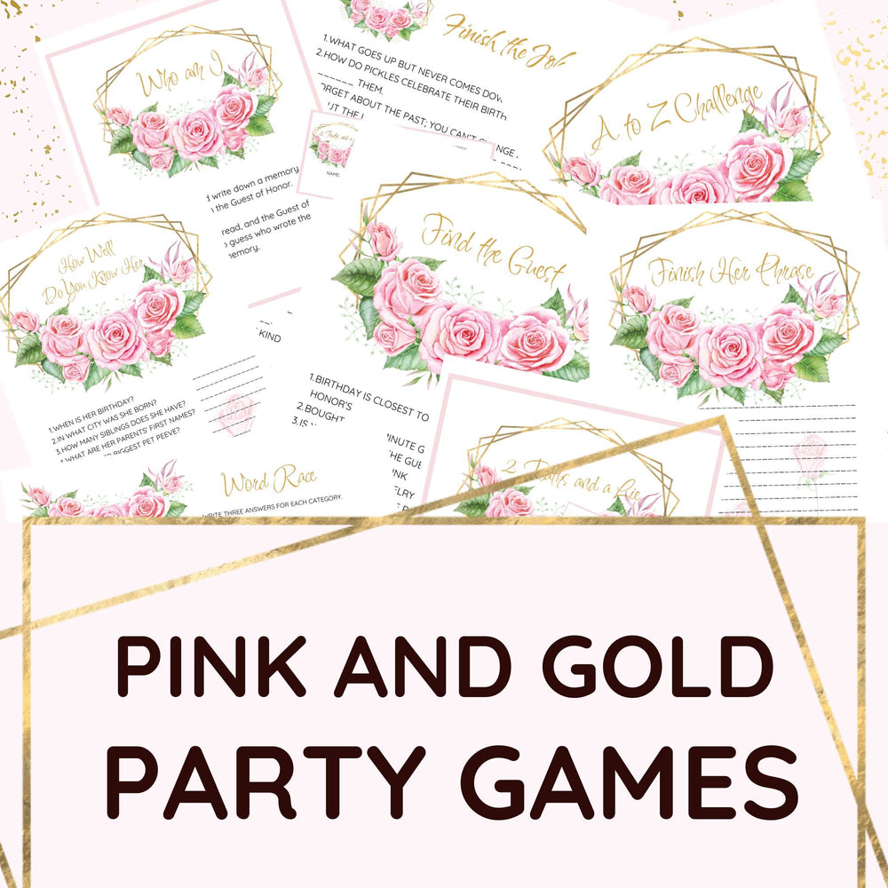Pink and gold birthday party games for her. Pink roses on a three layer gold frame. Find the guest, finish her phrase, finish the joke, how well do you know her