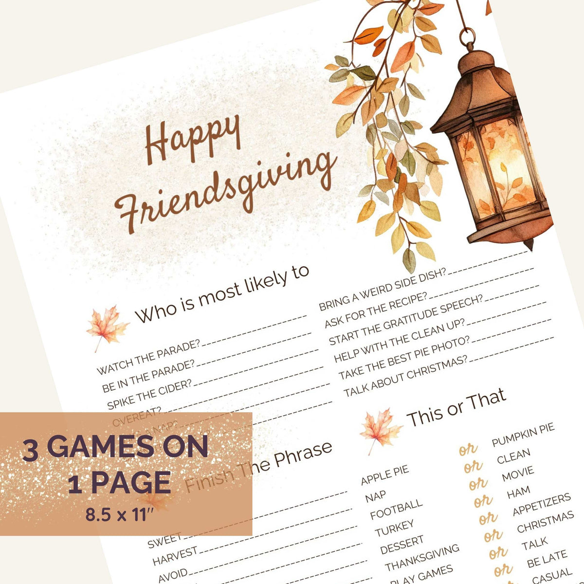 Printable Friendsgiving games for adults featuring Who's Most Likely To, Finish My Phrase, and This or That on one autumn-themed page.