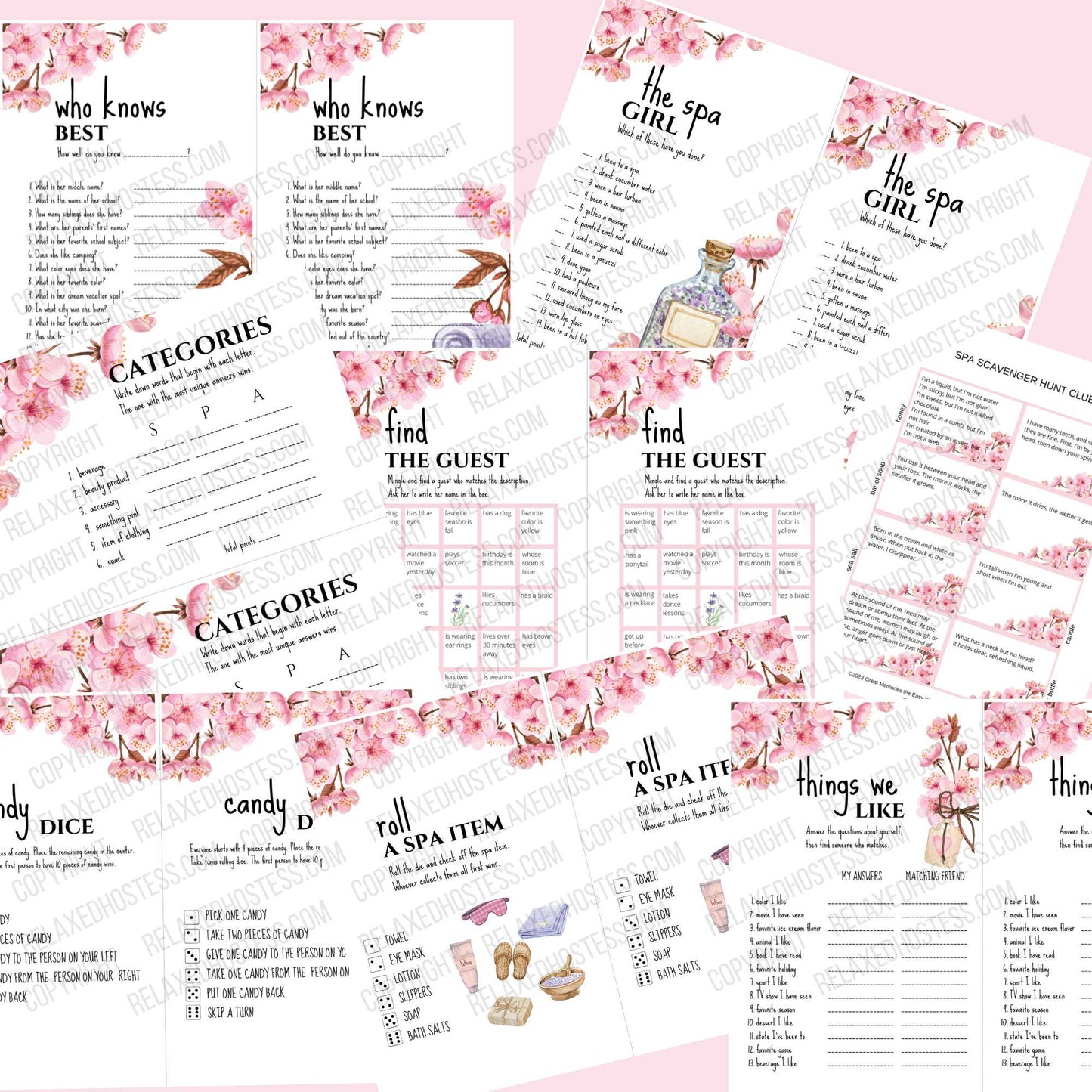 Spa party games for teens. Slumber party games: roll a spa item, spa scavenger hunt clues, candy dice, spa categories, find the guest bingo, the spa girl. Beautiful pink floral designs with spa items.