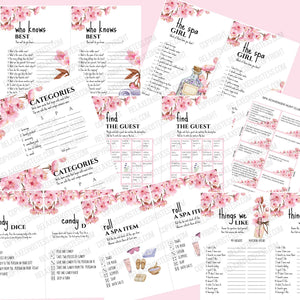 
                  
                    Spa party games for teens. Slumber party games: roll a spa item, spa scavenger hunt clues, candy dice, spa categories, find the guest bingo, the spa girl. Beautiful pink floral designs with spa items.
                  
                