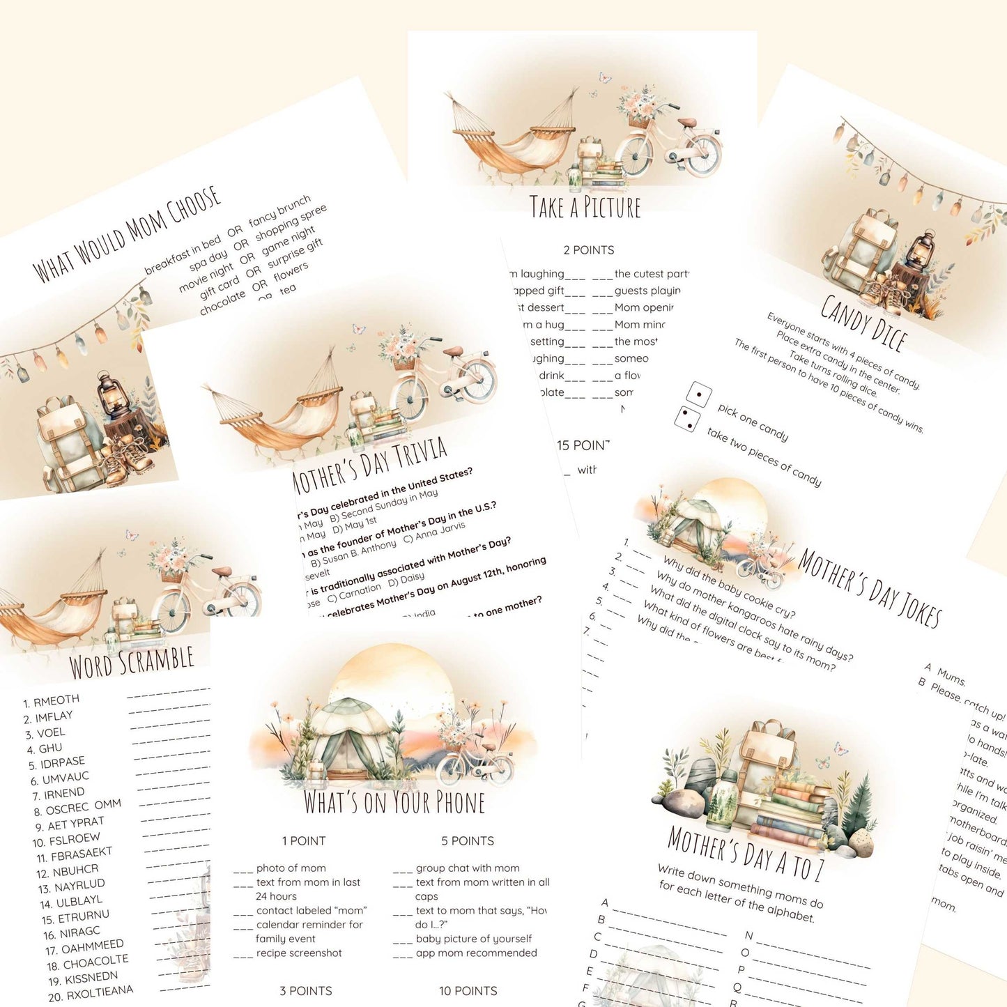 
                  
                    Printable Mother's Day games: what would mom choose, take a picture, word scramble, trivia, candy dice, Mother's Day jokes, what's on your phone, a to z. Boho camping design.
                  
                
