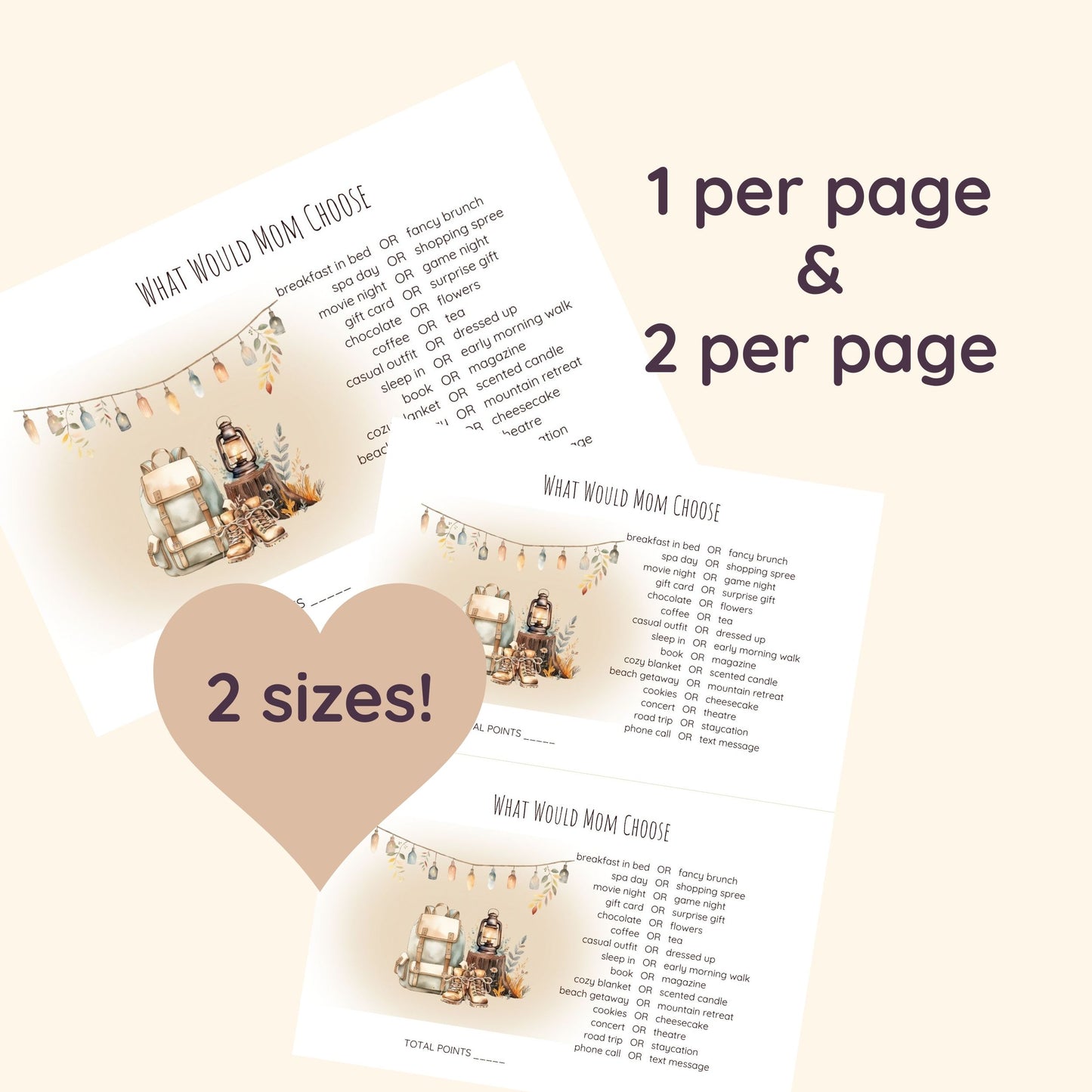 Printable Mother's Day games in two sizes: 1 per page and 2 per page. Relaxing boho camping design.