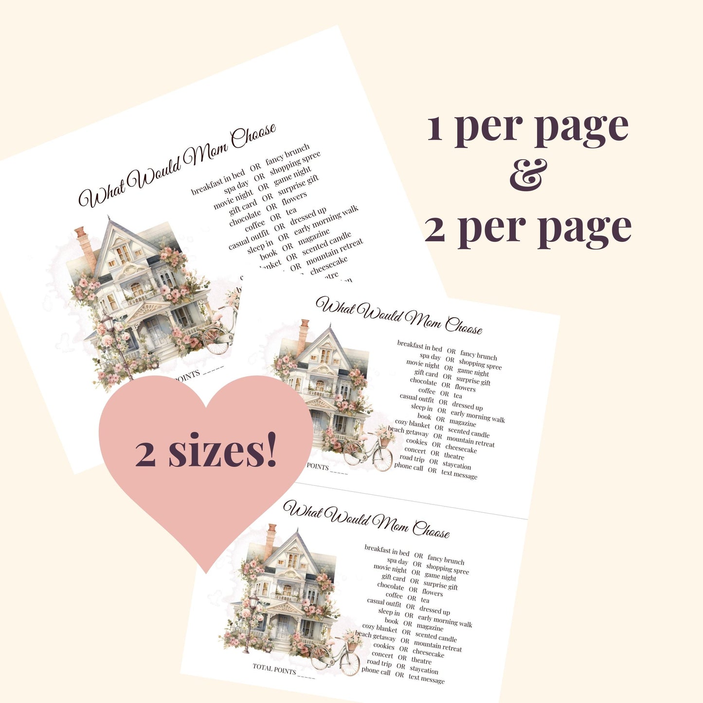 Printable Mother's Day games in two sizes: 1 per page and 2 per page. Beautiful vintage shabby chic design.