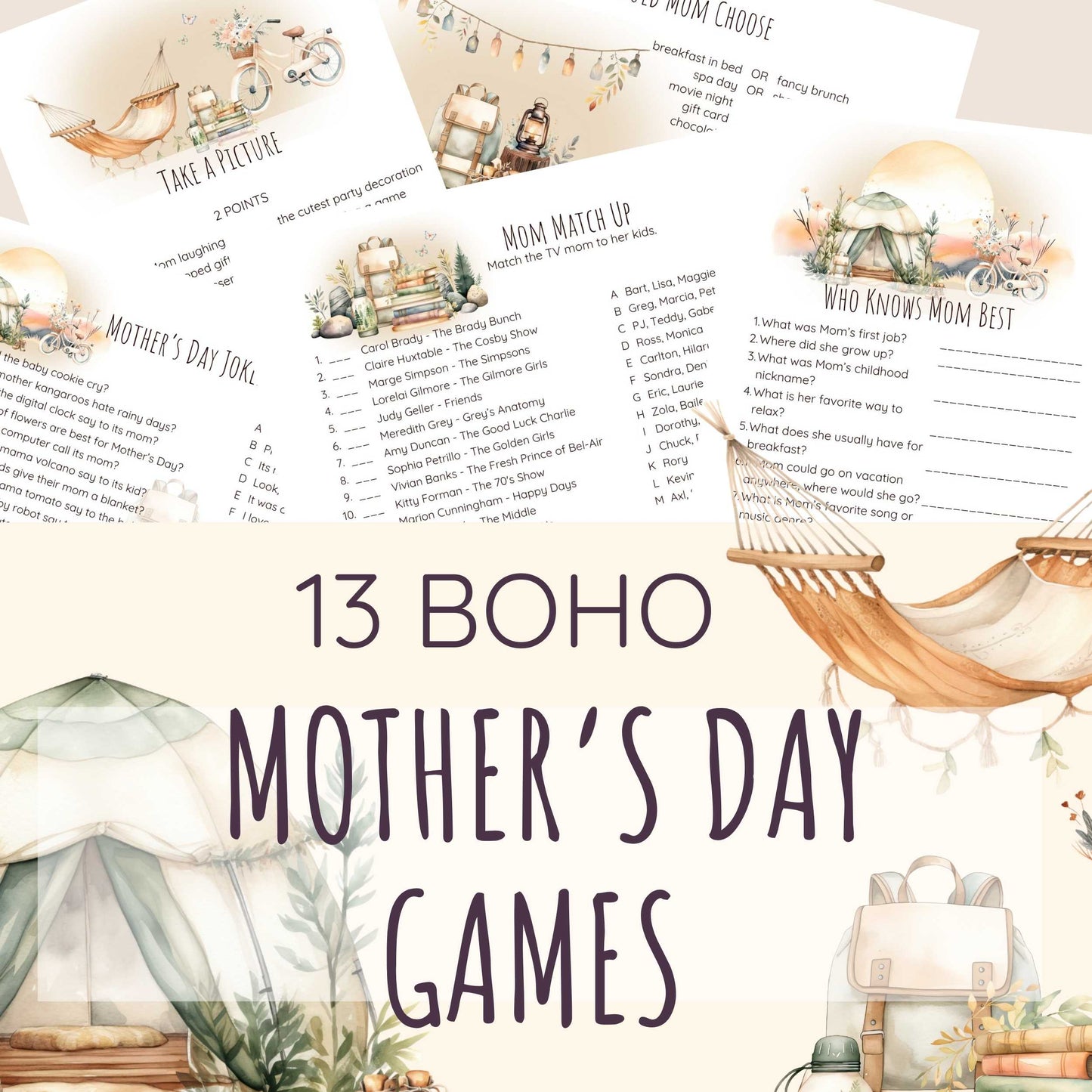 13 beautiful Mother's Day games. Boho camping design.