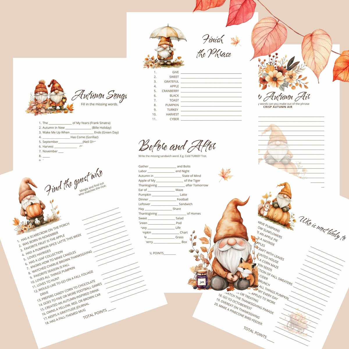 Autumn Gnome Thanksgiving games for adults including before and after, autumn songs, find the guest who.