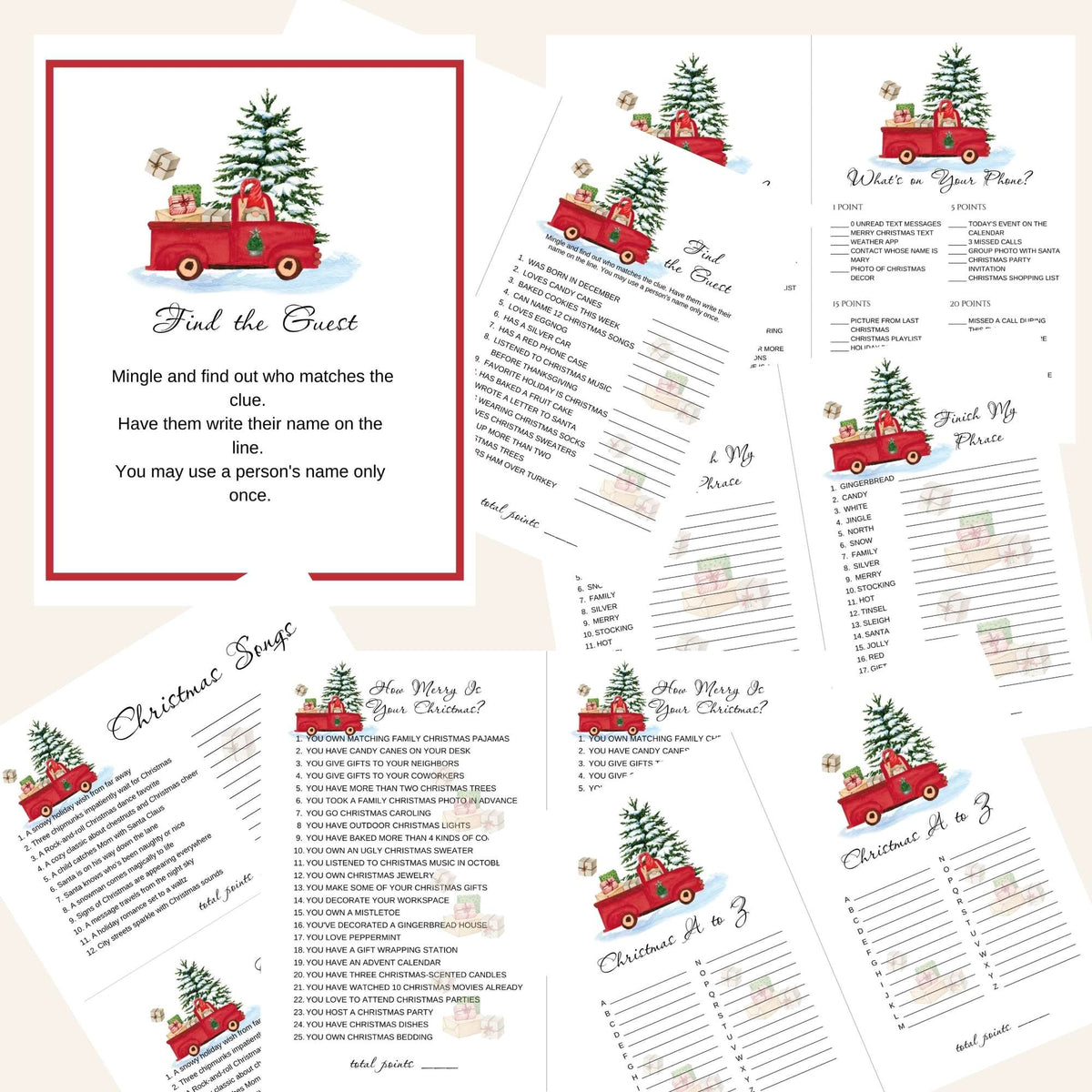 A coordinated set of printed holiday party games featuring a red pickup truck carrying a Christmas tree. The set includes find the guest, finish my phrase, and how merry is your Christmas