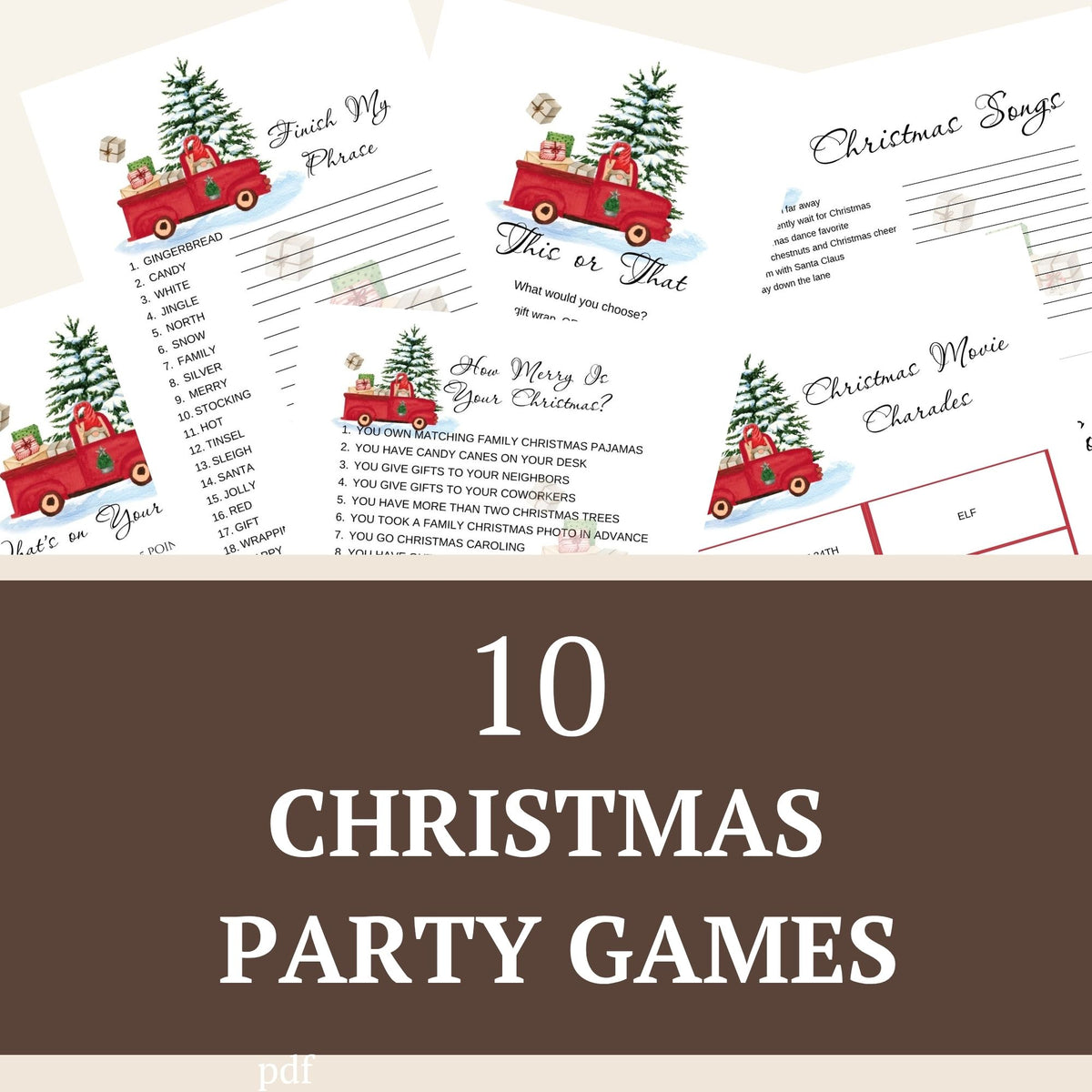 A collection of printable Christmas party game sheets with red vintage trucks carrying Christmas trees, shown above a large brown banner that reads '10 CHRISTMAS PARTY GAMES' and a small 'pdf' label.
