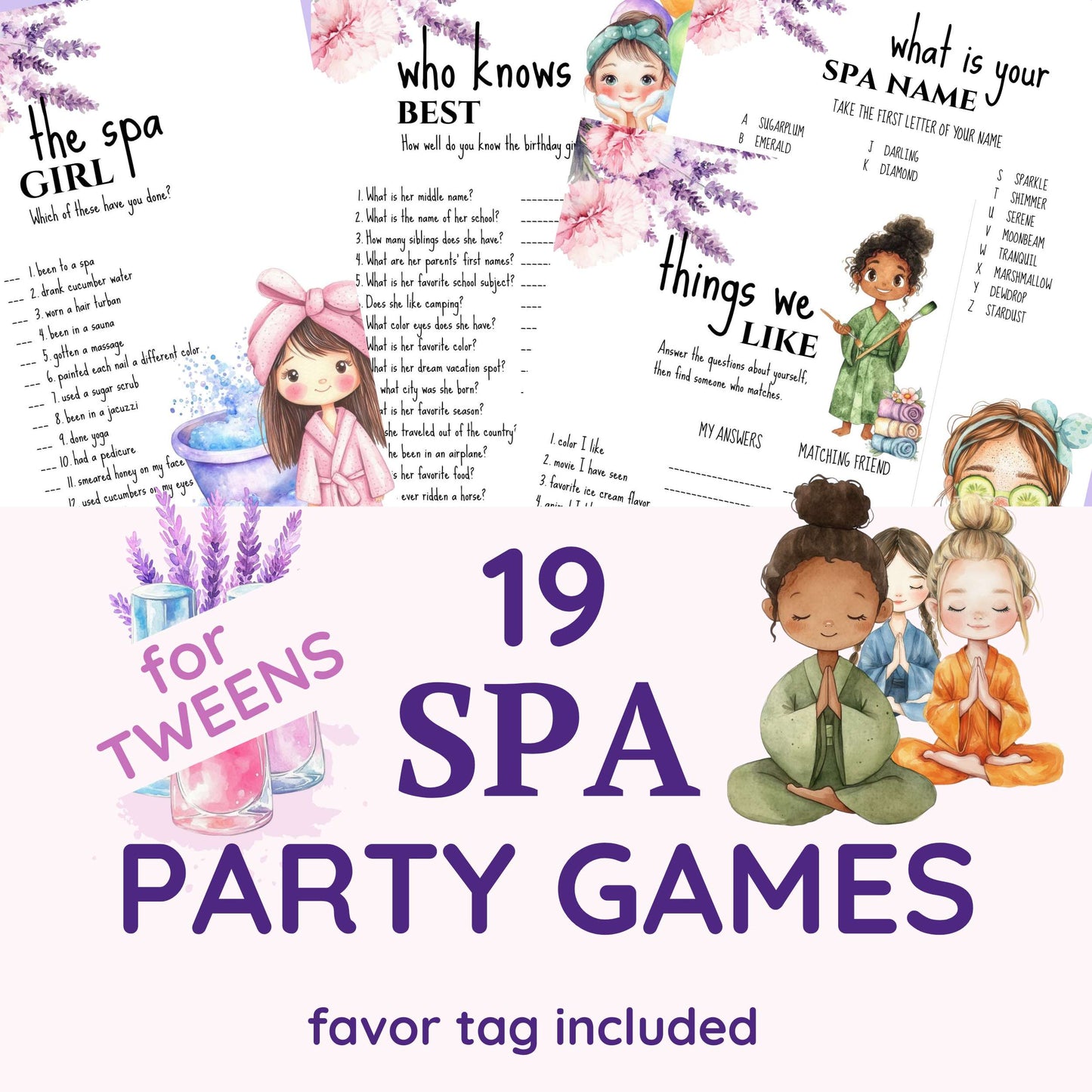 19 spa party games for tweens. Favor tag included.