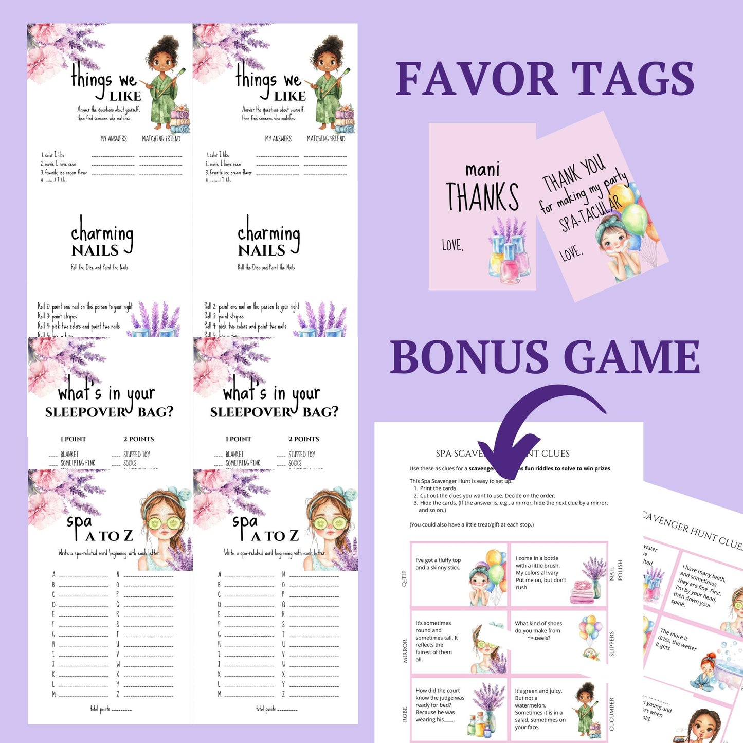 Spa party games and two favor tags. Games include: things we liek, nail polish game, what's in your sleepover bag, spa A to Z, and a bonus game: spa scavenger hunt clues.