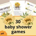 30 Sunflower Baby Shower Games: time capsule, dad jokes, bucket list. The games have images of sunflowers in a green truck, wooden wagon, wooden sign, etc.