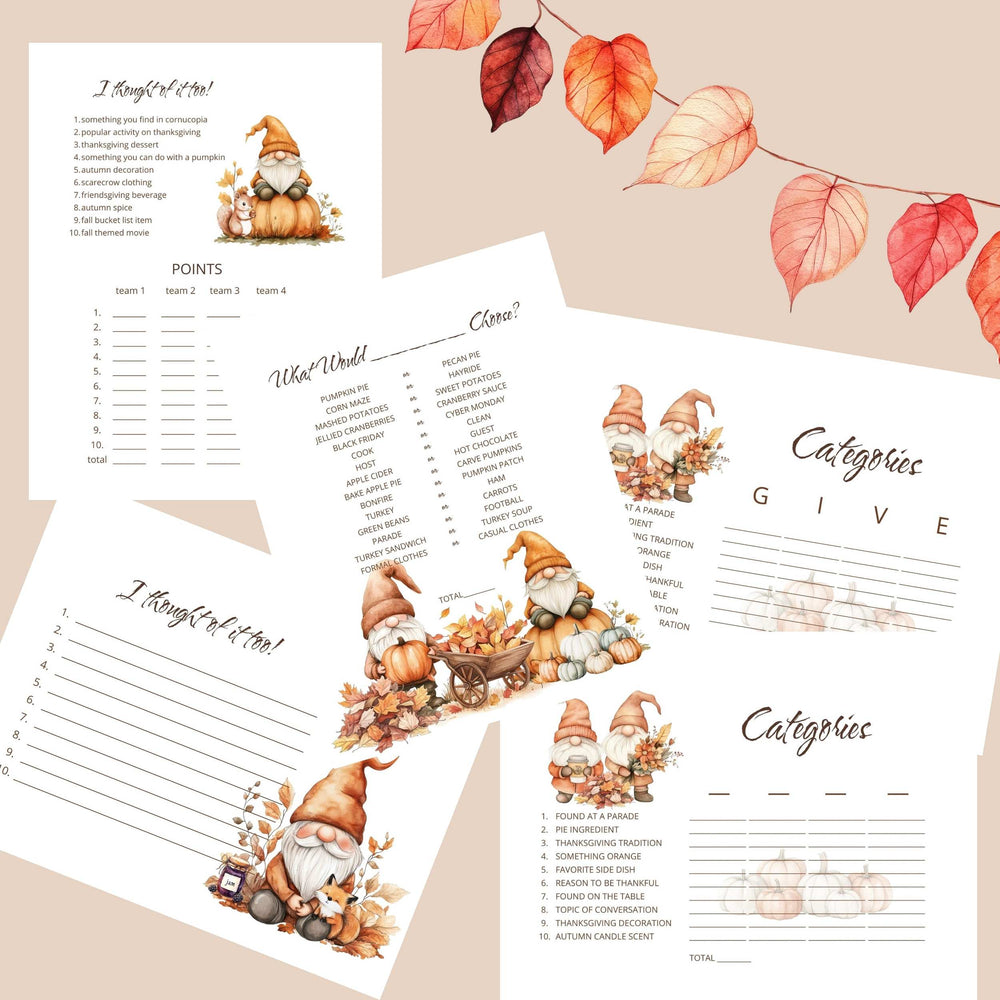 
                  
                    Set of fall-themed printables with gnomes and leaves. Fall party games for adults: I thought of it too. What would____choose?, Categories.
                  
                