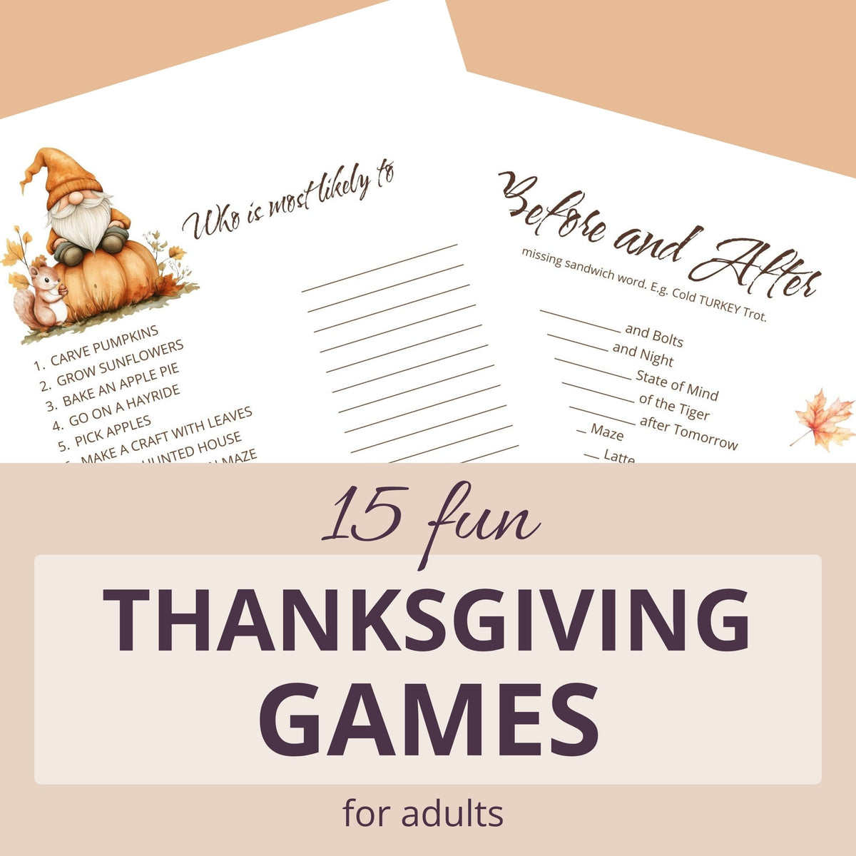 Printable Thanksgiving games for adults with autumn illustrations such as a gnome sitting on a pumpkin.