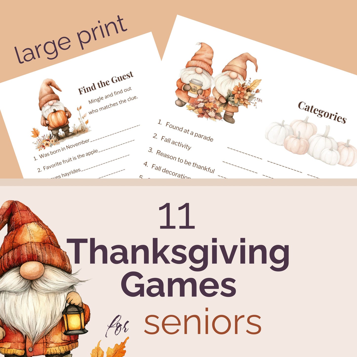 Thanksgiving-themed games for seniors with gnomes and pumpkins. Large print. 