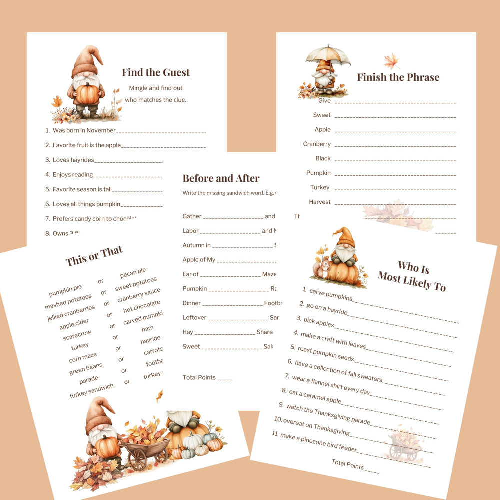 
                  
                    Set of Thanksgiving-themed games with autumn gnome designs: find the guest, finish the phrase, this or that before and after, who is most likely to.
                  
                