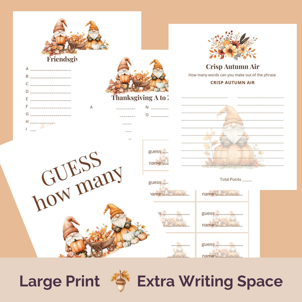 
                  
                    Set of Thanksgiving-themed games with autumn gnomes design: Thanksgiving A to Z, Crisp Autumn Air word challenge, guess how many
                  
                