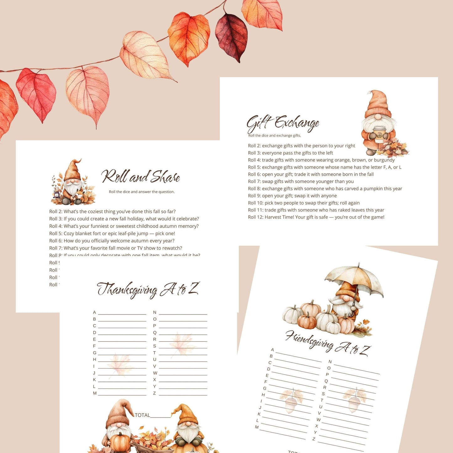 
                  
                    Fun Friendsgiving games for adults and seniors. Gnomes, pumpkins, leaves. Roll and Share, Gift Exchange, Thanksgiving and Friendsgiving A to Z challenges.
                  
                