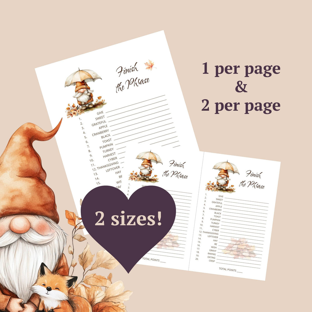 
                  
                    15 fall party games for adults with cute gnome designs, text indicating '1 per page & 2 per page' 
                  
                